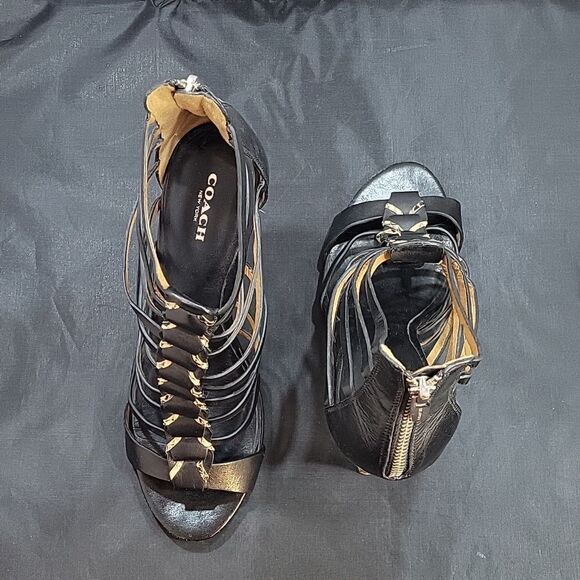 COACH JOSEY WOMEN'S BLACK LEATHER SNAKE HIGH HEELS OPEN TOE SHOES - Picture 5 of 16